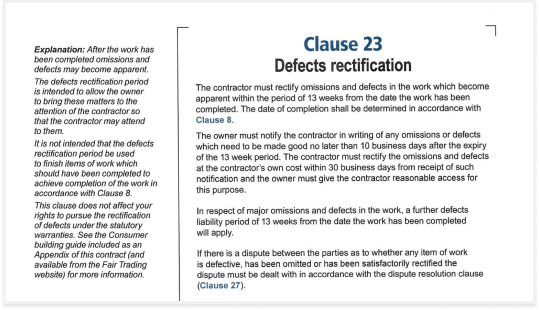 home building defects rectification clause