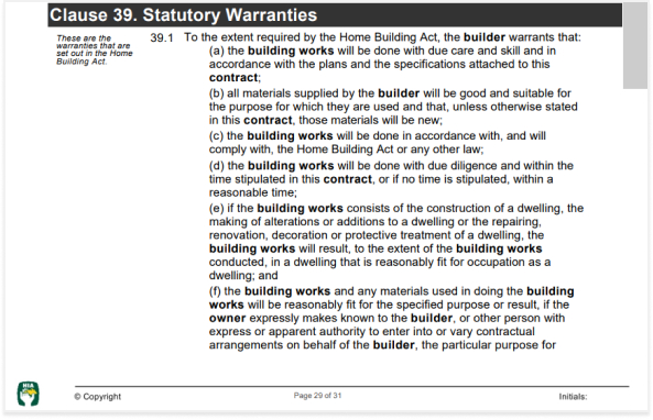 Statutory Warranties for HIA Contract