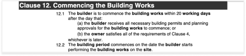 HIA Contract Commencing the Building Works Clause