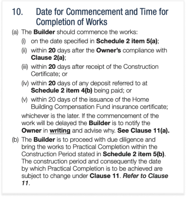 MBA BC4 Contract Date for Commencement of Works clause