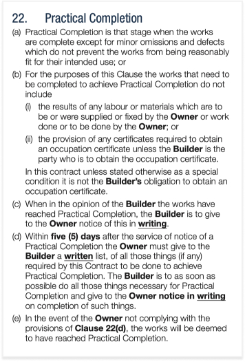 MBA BC4 Contract Practical Completion clause