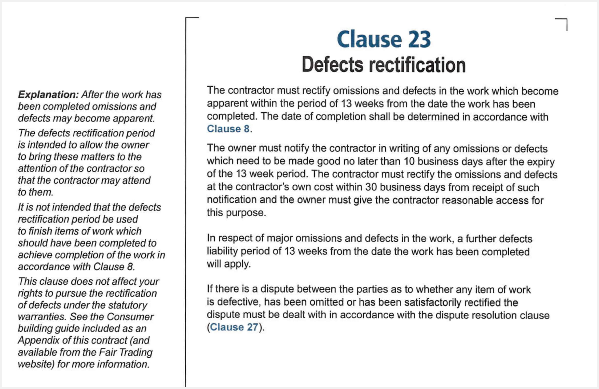 NSW Fair Trading Defects Rectification Clause