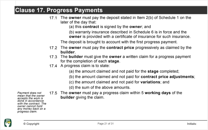 HIA Contract Clause 17 - Schedule 2 Progress Payments | Contracts Specialist