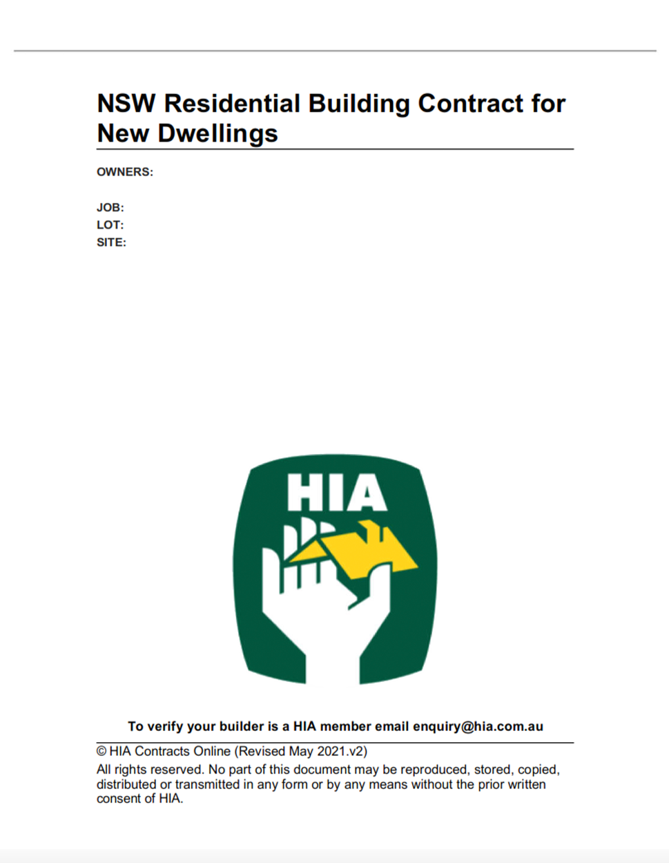 HIA NSW Residential Building Contract for New Dwellings